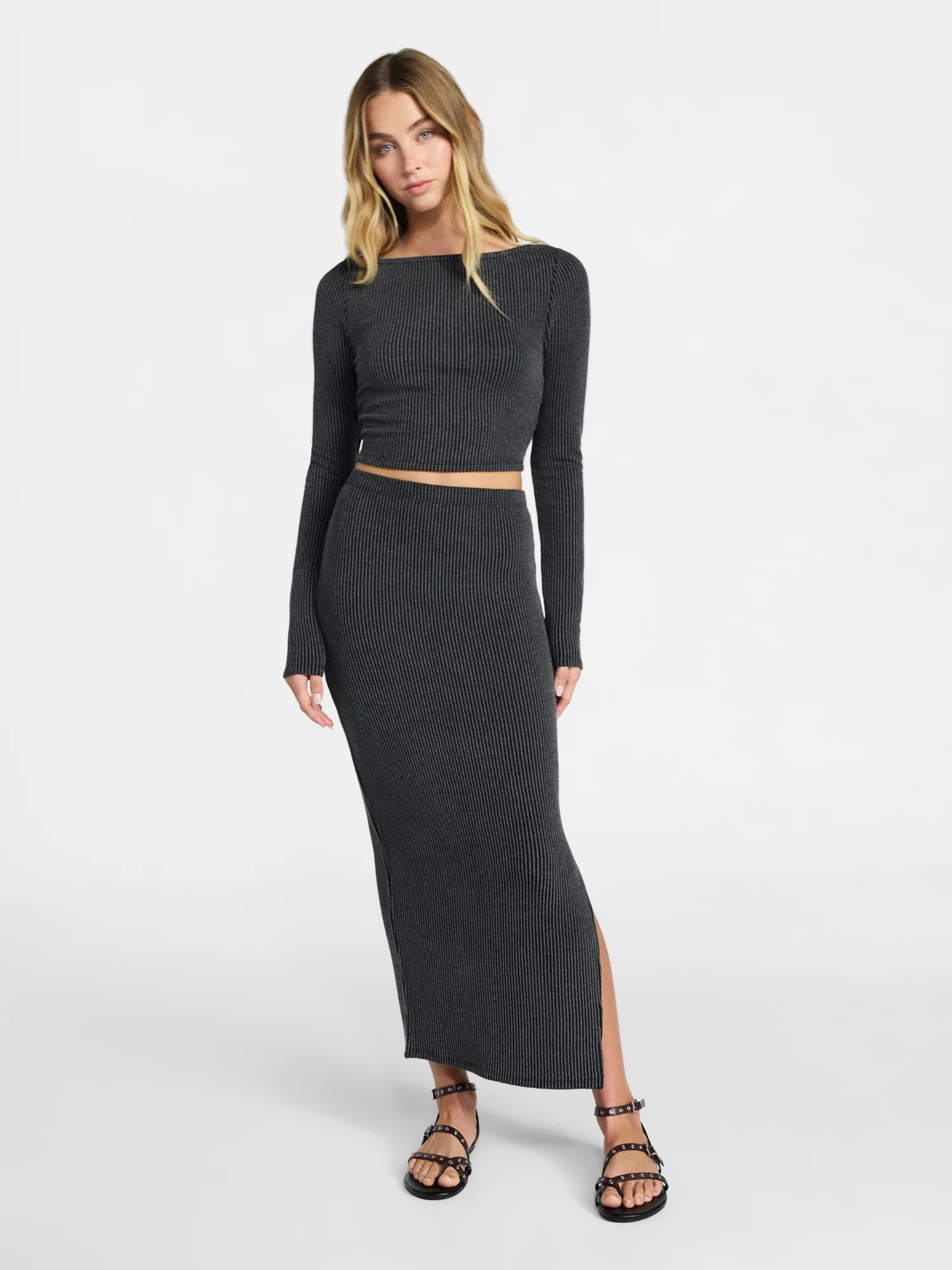 No Boundaries Long Sleeve Boat Neck Top and Midi Skirt Set, 2-Piece, Women’s XXS-XXL | Walmart (US)