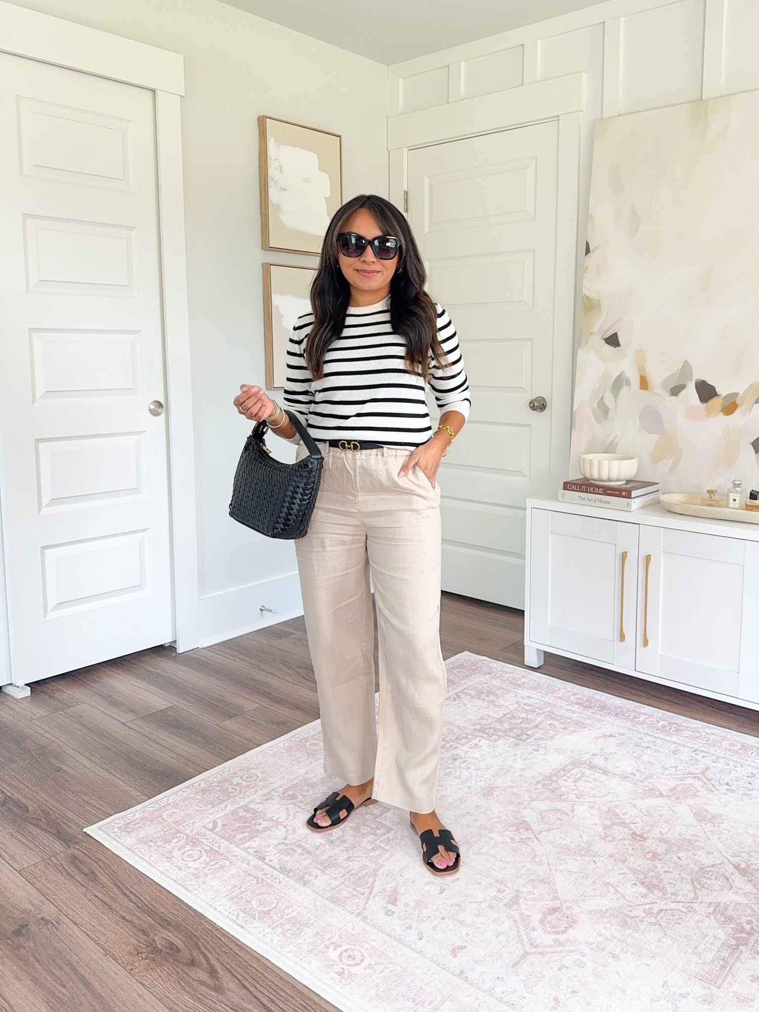 Europe & Summer Capsule Wardrobe
Black stripe cashmere sweater size xs TTS
Tan Driftwood linen pants size xs TTS
Black and brown reversible belt size xs TTS
Black sandals size 5.5 TTS


#LTKTravel #LTKPetite #LTKStyleTip