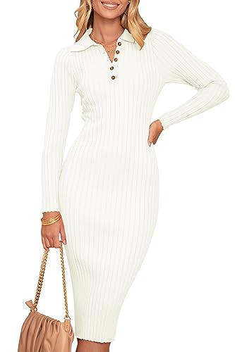 MEROKEETY Womens 2025 V Neck Ribbed Sweater Dress Long Sleeve Bodycon Knit Midi Dresses | Amazon (US)