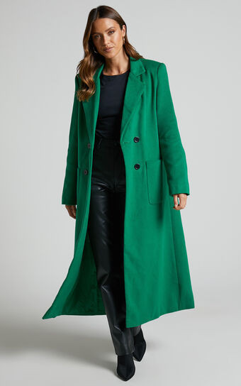 Jaya Coat - Double Breasted Collared Longline Coat in Green | Showpo (US, UK & Europe)