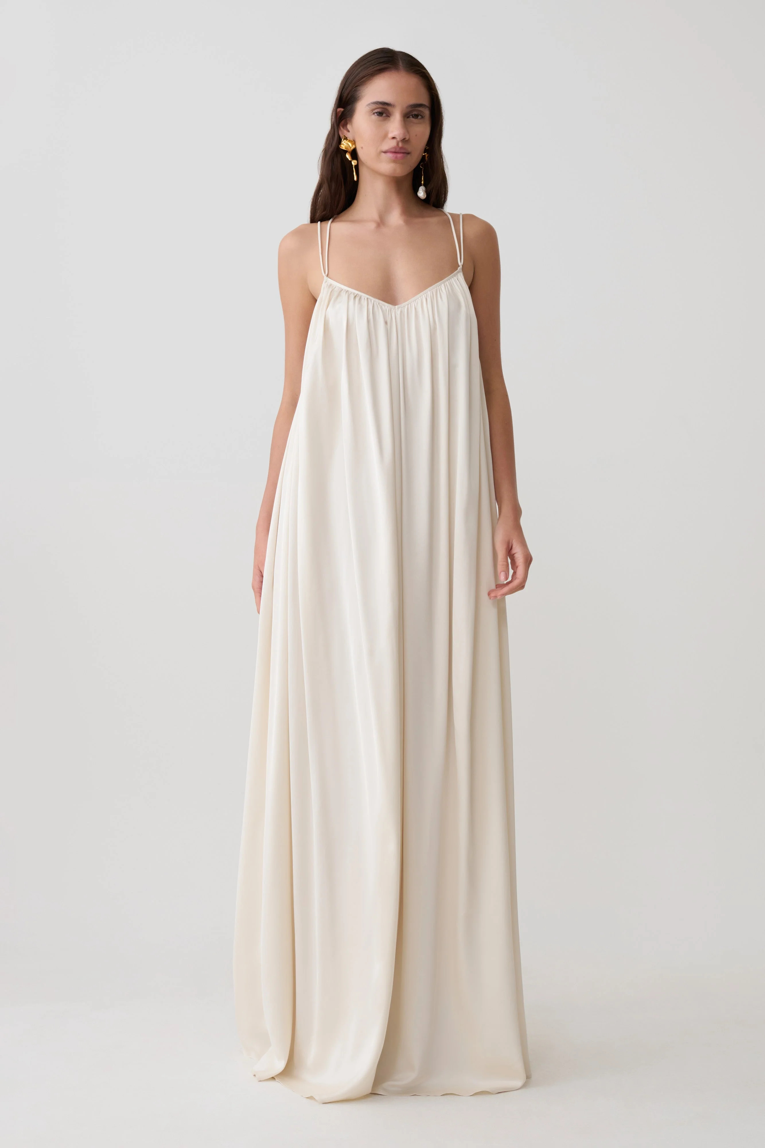 Adriana Satin Gathered Maxi Dress - Buttercream | MESHKI US