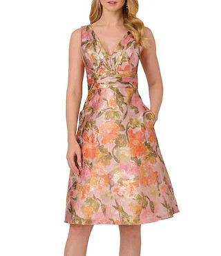 Adrianna Papell Jacquard Floral Print V Neck Sleeveless A Line Dress | Dillard's | Dillard's