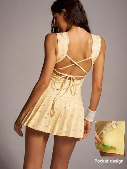 VARSIVA Vestido deportivo de mujer con estampado floral pequeño, lazo en la espalda, bajo plisad... | SHEIN