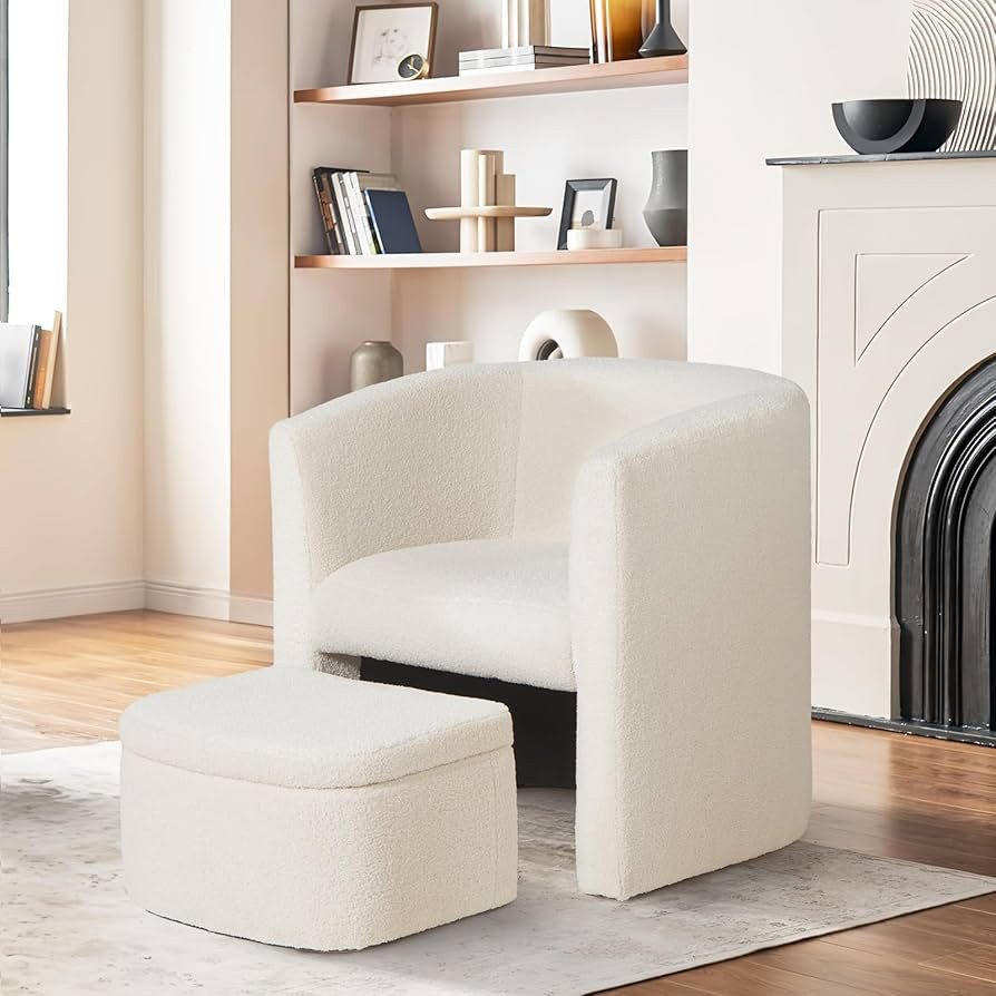 COLAMY Upholstered Sherpa Barrel Accent Chair with Storage Ottoman, Morden Living Room Chair, Arm... | Amazon (US)