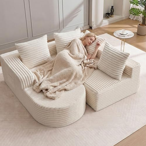 Boneless Cloud Couch Modular Sectional Sofa L-Shape with Chaise 102", Soft Faux Fur Deep Seat, & 3 Pillows & 2 Side Pockets for Living Room, Bedroom (Beige, Left Chaise) | Amazon (US)