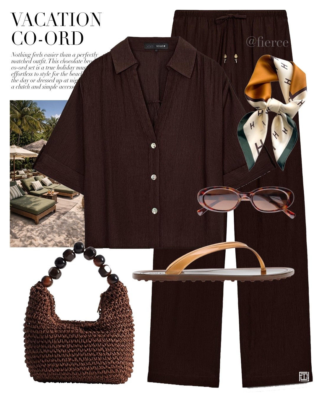 Chocolate brown co-ord set jelly thong sandals brown raffia bag silk scarf resort wear beach holiday outfit 

#LTKtravel #LTKuk #LTKeurope