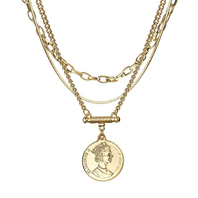 ACC PLANET Coin Necklace Gold Plated Snake Chain Round Pendant Gold Layered Necklace for Women | Amazon (US)