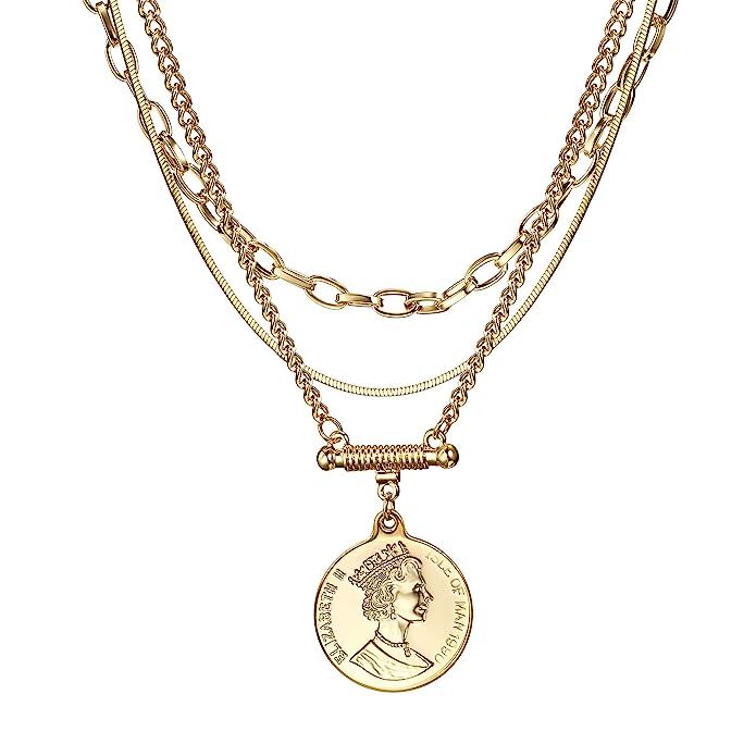 ACC PLANET Coin Necklace Gold Plated Snake Chain Round Pendant Gold Layered Necklace for Women | Amazon (US)