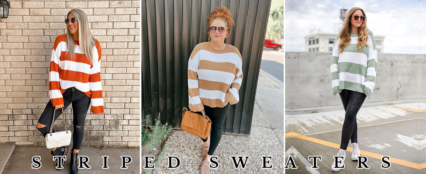 ZESICA Women's 2023 Fall Long Sleeve Crew Neck Striped Color Block Comfy Loose Oversized Knitted ... | Amazon (US)