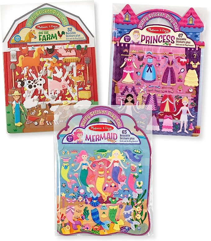 Melissa & Doug Reusable Puffy Sticker Play Set 3 Pack: On The Farm, Princess and Mermaid | Amazon (US)