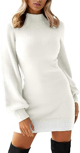 GRECERELLE Women's Mock Neck Ribbed Long Sleeve Bodycon Pullover Cute Mini Sweater Dress(Medium, Cream White) | Amazon (US)