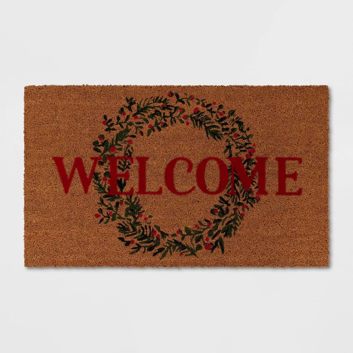 1'6"x2'6" 'Welcome' Wreath Flocked Coir Christmas Doormat Red/Green - Wondershop™ | Target