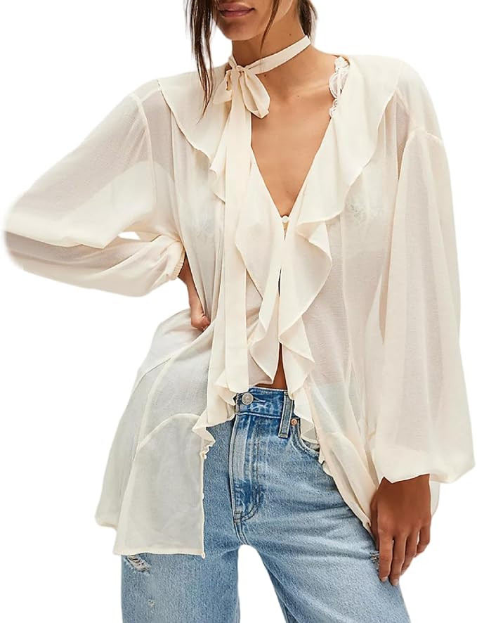 Seyumixi Women Long Bell Sleeve Frill Top See Through Sheer Mesh Blouse High Low Hem Ruffled Sexy... | Amazon (US)