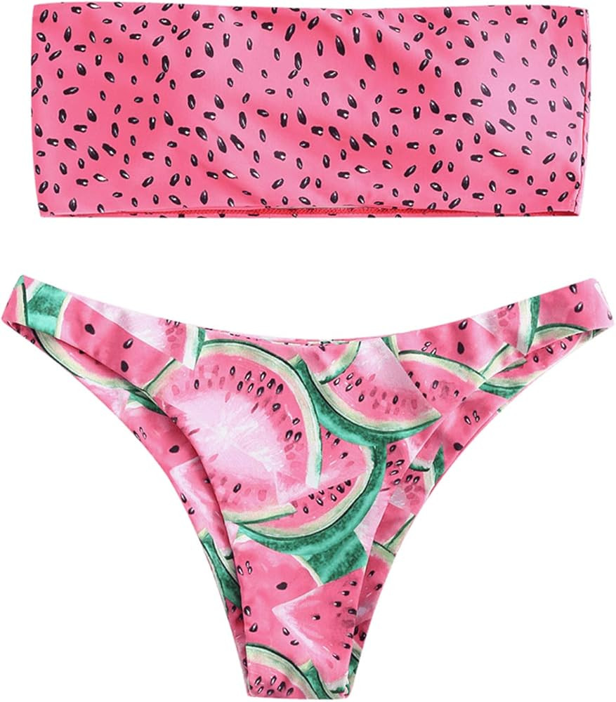 ZAFUL Women Bandeau Bikini Set Leopard Print Swimsuit High Cut Swimwear Bathing Suits | Amazon (US)