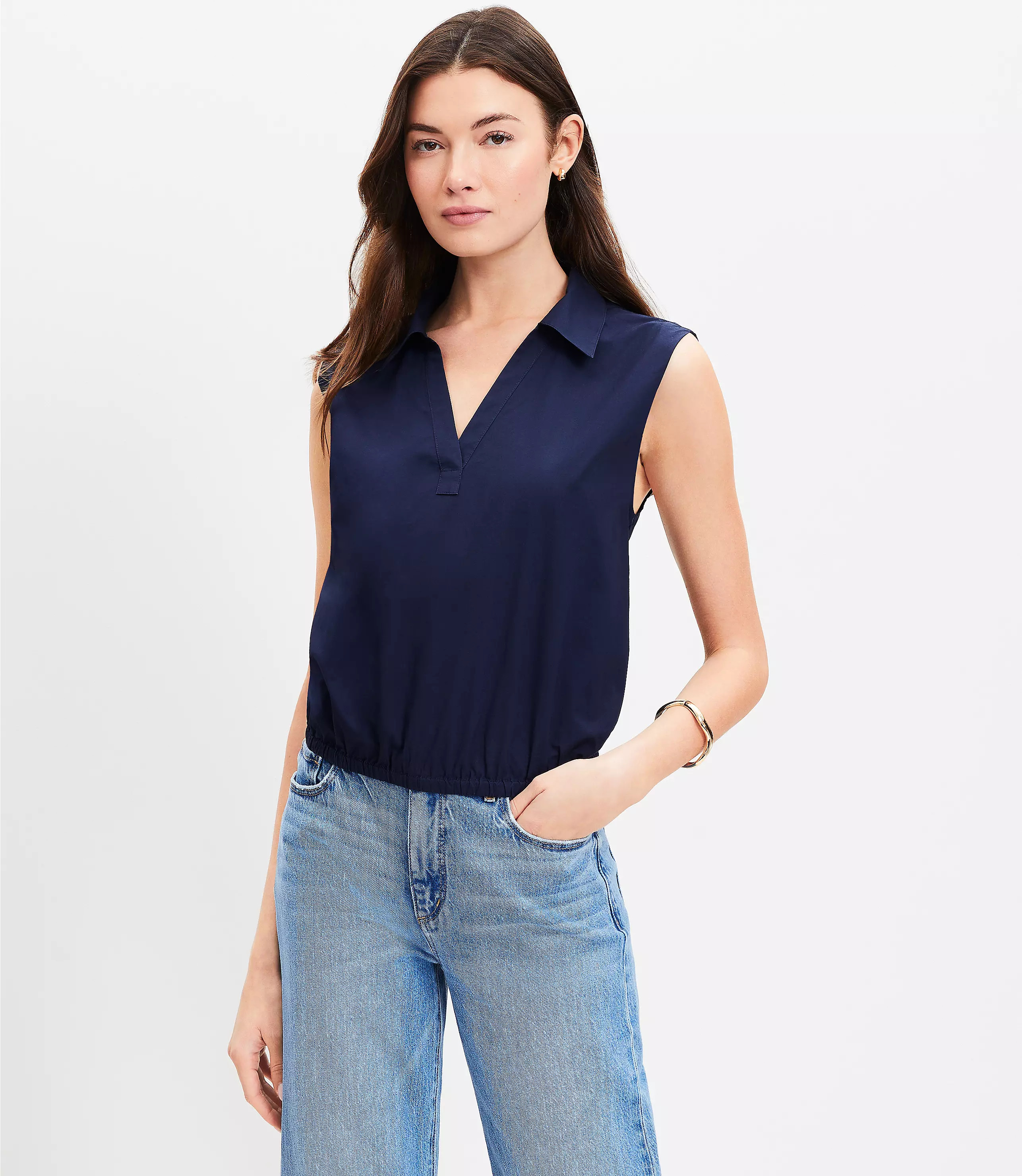 Poplin Collared Bubble Hem Shell | LOFT