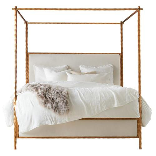 Open Box Marilyn Modern Gold Leaf White Linen Upholstered Wood Canopy Bed - King | Kathy Kuo Home