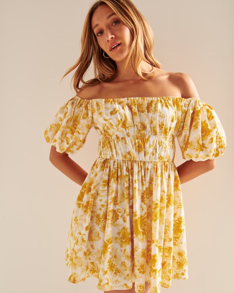 Women's Off-The-Shoulder Puff Sleeve Mini Dress | Women's The A&F Getaway Shop | Abercrombie.com | Abercrombie & Fitch (US)