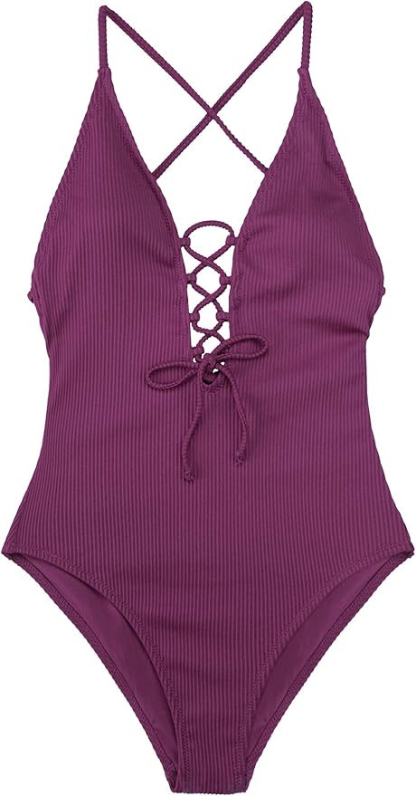 CUPSHE Women's Solid Color V Neck Lace Up One Piece Swimsuit | Amazon (US)