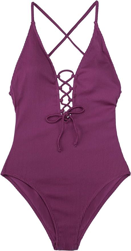 CUPSHE Women's Solid Color V Neck Lace Up One Piece Swimsuit | Amazon (US)