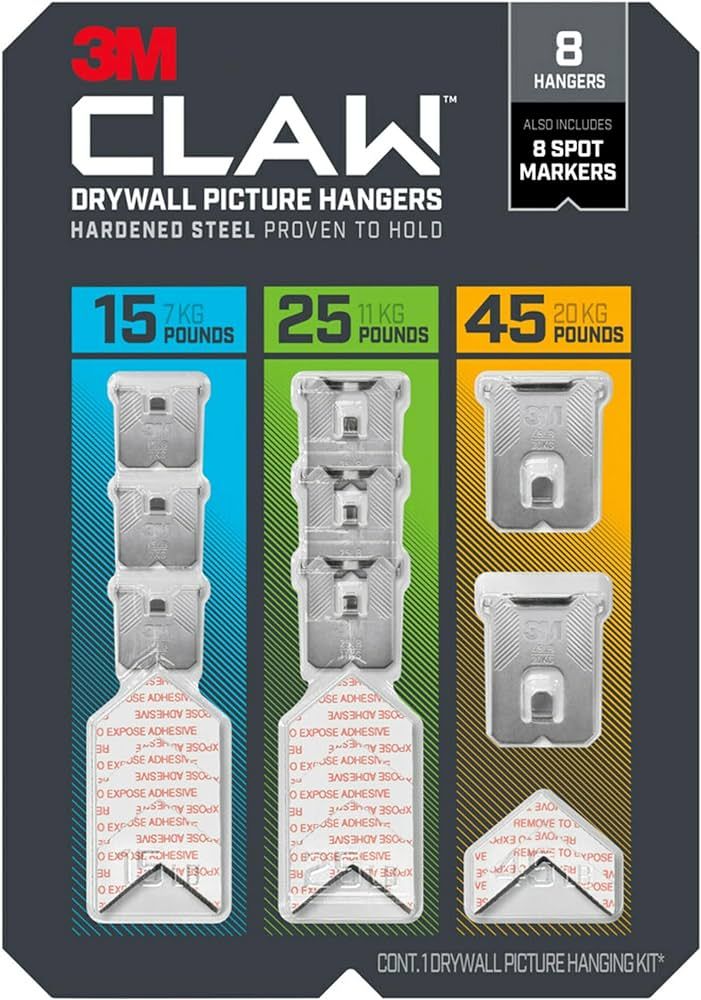 3M CLAW 15, 25 and 45 lb. Drywall Picture Hanger Variety Pack With Spot Markers, Heavyweight Hang... | Amazon (US)
