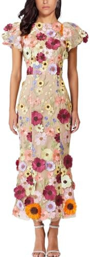 Women's 3D Floral Embroidery Dress Ruffle Sleeve Fishtail Lace Bodycon Party Cocktail Mini Dress | Amazon (US)