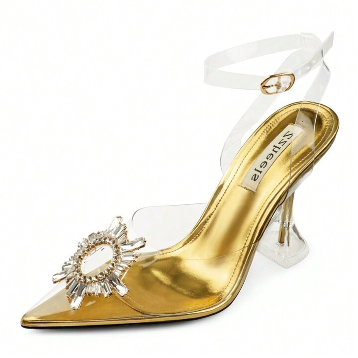 Zzheels Women's Crystal Slingback Sandals Buckle High Heels Pointed Toe Wedding Shoes Bridal Pump... | SHEIN