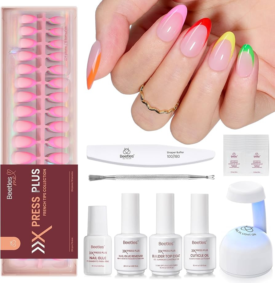 Beetles X Press Gel Nail Kit: 7 Colors Short Almond French Tip Press On Nails Kit With 224Pcs Nai... | Amazon (US)