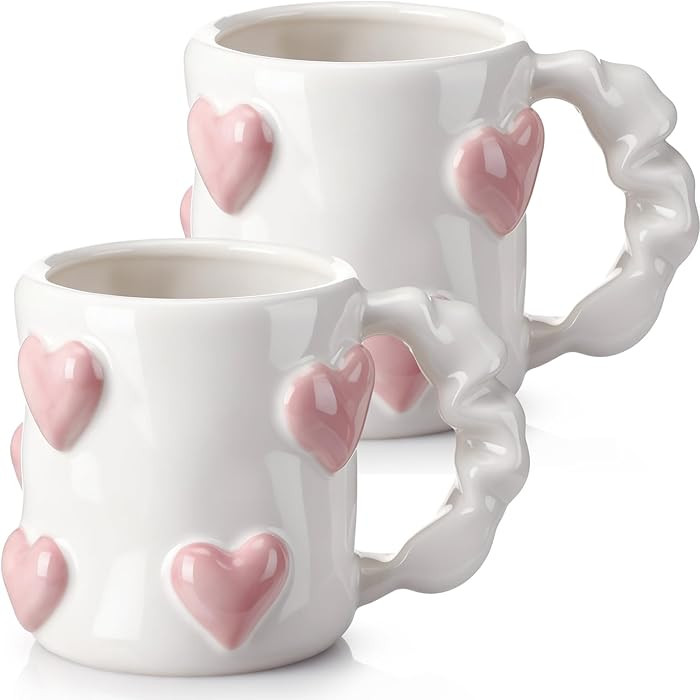 Vesici 2 Pcs 17oz Valentines 3D Heart Coffee Mugs Pink Heart Ceramic Cups with Handle Valentines ... | Amazon (US)