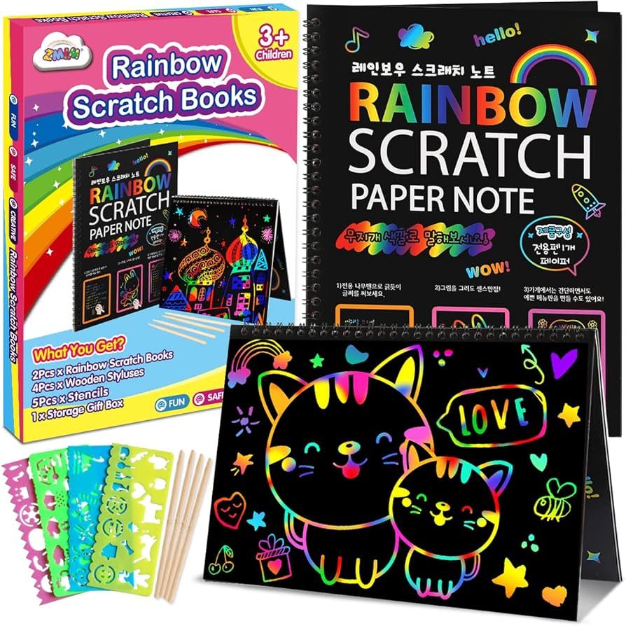 ZMLM Scratch Paper Art-Crafts Gift: 2 Pack Bulk Rainbow Magic Paper Supplies Toys for 3 4 5 6 7 8... | Amazon (US)