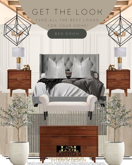 Master Bedroom Idea. Recreate this look with these home furniture and decor finds! Wood dresser, wood night stand, grey upholstered bed, throw pillows, table lamps, bedroom chandelier, white ceramic tree planter pot, faux fake tree, bedroom rug, bench.  

#LTKFind #LTKstyletip #LTKhome