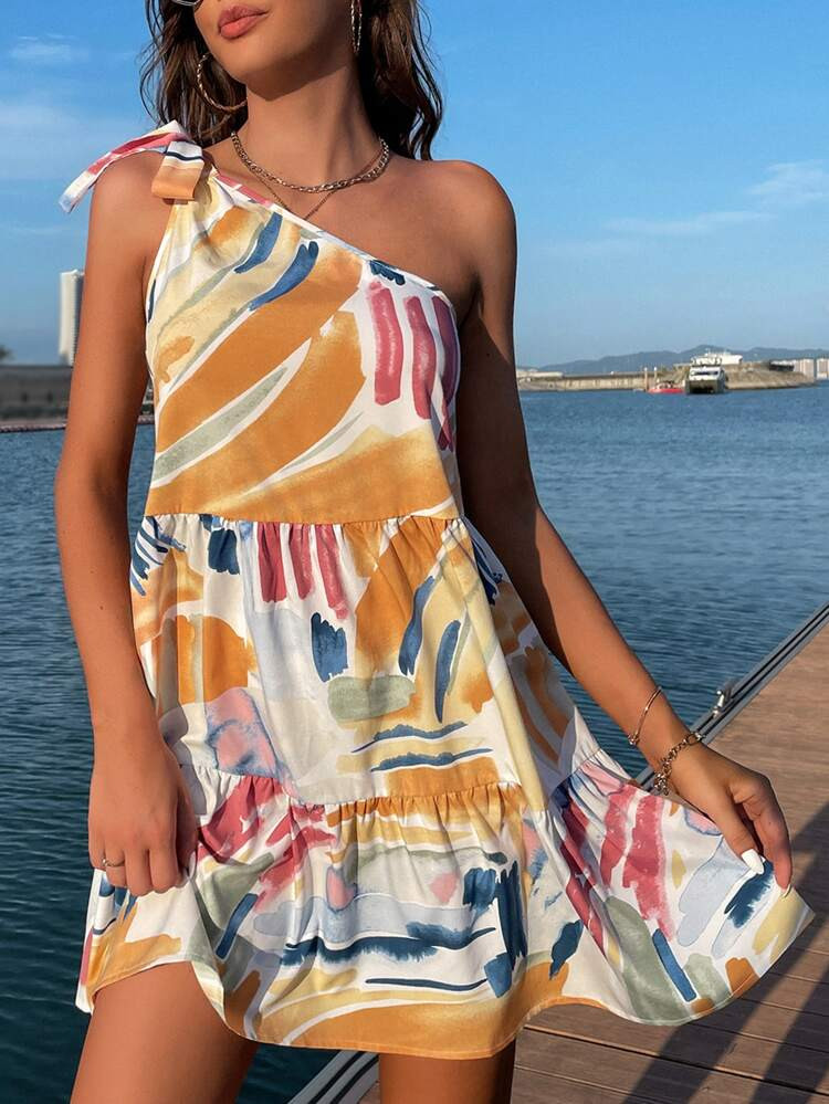 Graphic Print One Shoulder Knot Side Ruffle Hem Dress | SHEIN
