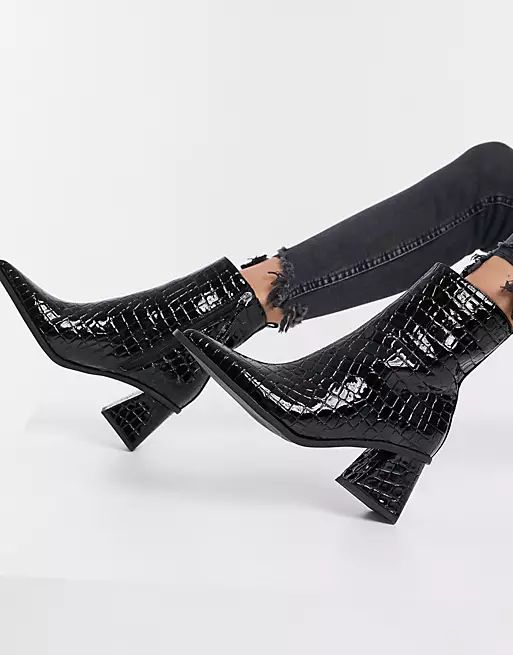 Topshop pointed heeled boots in black croc | ASOS (Global)