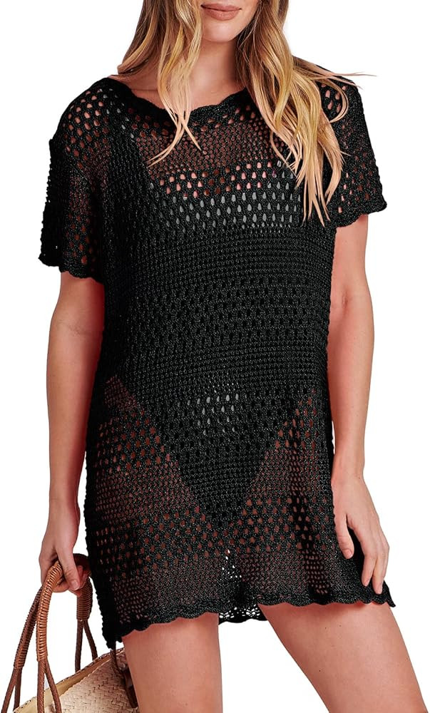 ANRABESS Women Swimsuit Crochet Swim Cover Up Summer Bathing Suit Swimwear Knit Short Sleeve Pullove | Amazon (US)