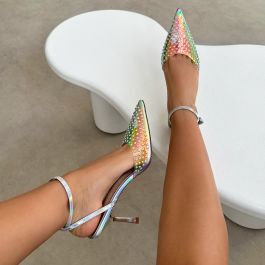 Jazzlyn Clear Silver Iridescent Diamante Mid Heeled Court Shoes | Simmi Shoes