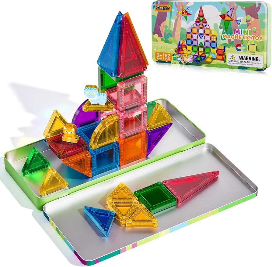 52PCS Mini Magnetic Tiles with Cute Animals, Travel Size Magnetic Construction Toys with Storage ... | Amazon (US)