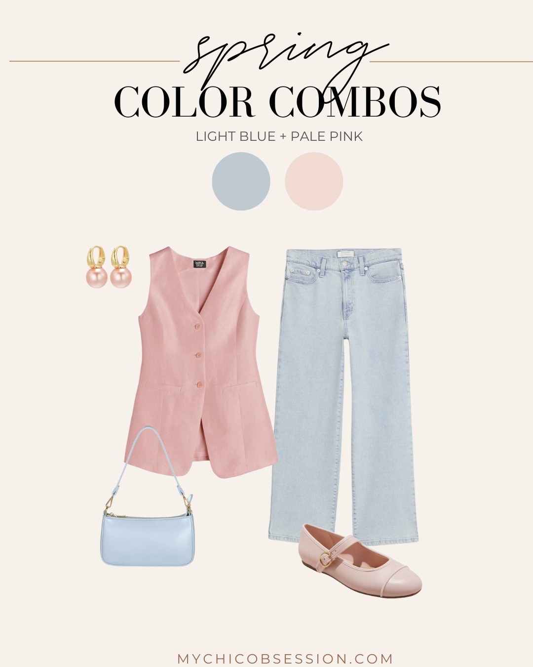 Lean into spring color combos with light blue and pale pink! These trending shades pair perfectly together with a pair of light-wash jeans, a blue shoulder bag, pink cap-toed Mary Jane flats, and a light pink vest top. 

 #LTKSeasonal #LTKStyleTip #LTKShoeCrush
