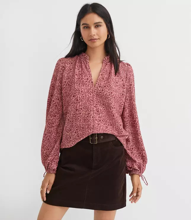 Floral Ruffle Tie Cuff Top | LOFT