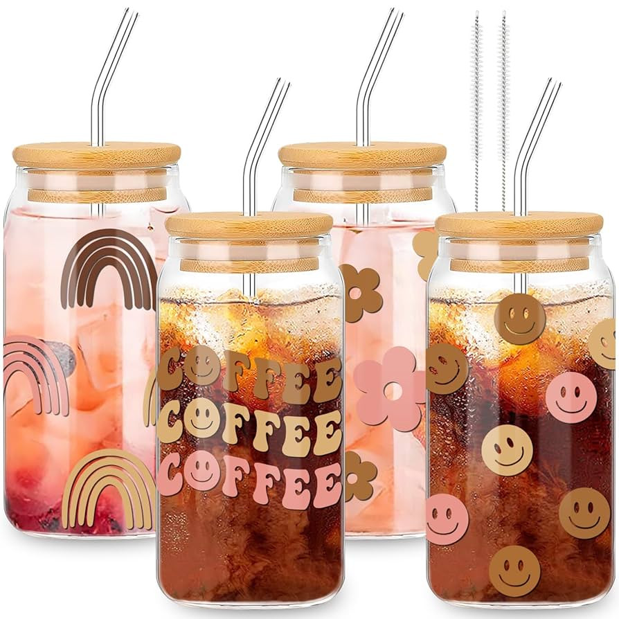 Whaline 4Pcs Boho Ice Coffee Cup with Bamboo Lids and Straws, 16oz Retro Groovy Drinking Glasses ... | Amazon (US)