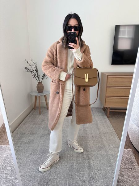 J.crew Sherpa topcoat. On sale! Love this coat and the fit! Topcoat vibes and shorter than most my Sherpa coats. 

J.crew coat petite xs
Everlane sweater xs
DL1961 jeans 25. Cut hems. 
Converse sneakers 5
DeMellier bag
Celine sunglasses  

Fall outfits, holiday outfits, fall style, coats, jeans 

#LTKshoecrush #LTKsalealert #LTKSeasonal