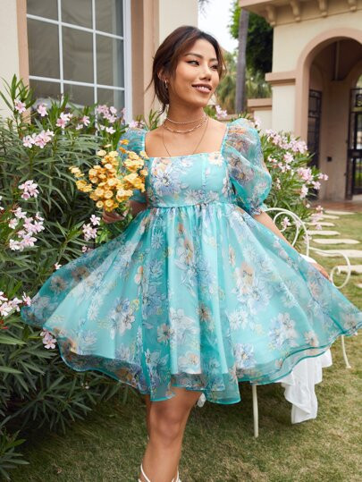 SHEIN Floral Square Neck Puff Sleeve Organza Dress | SHEIN