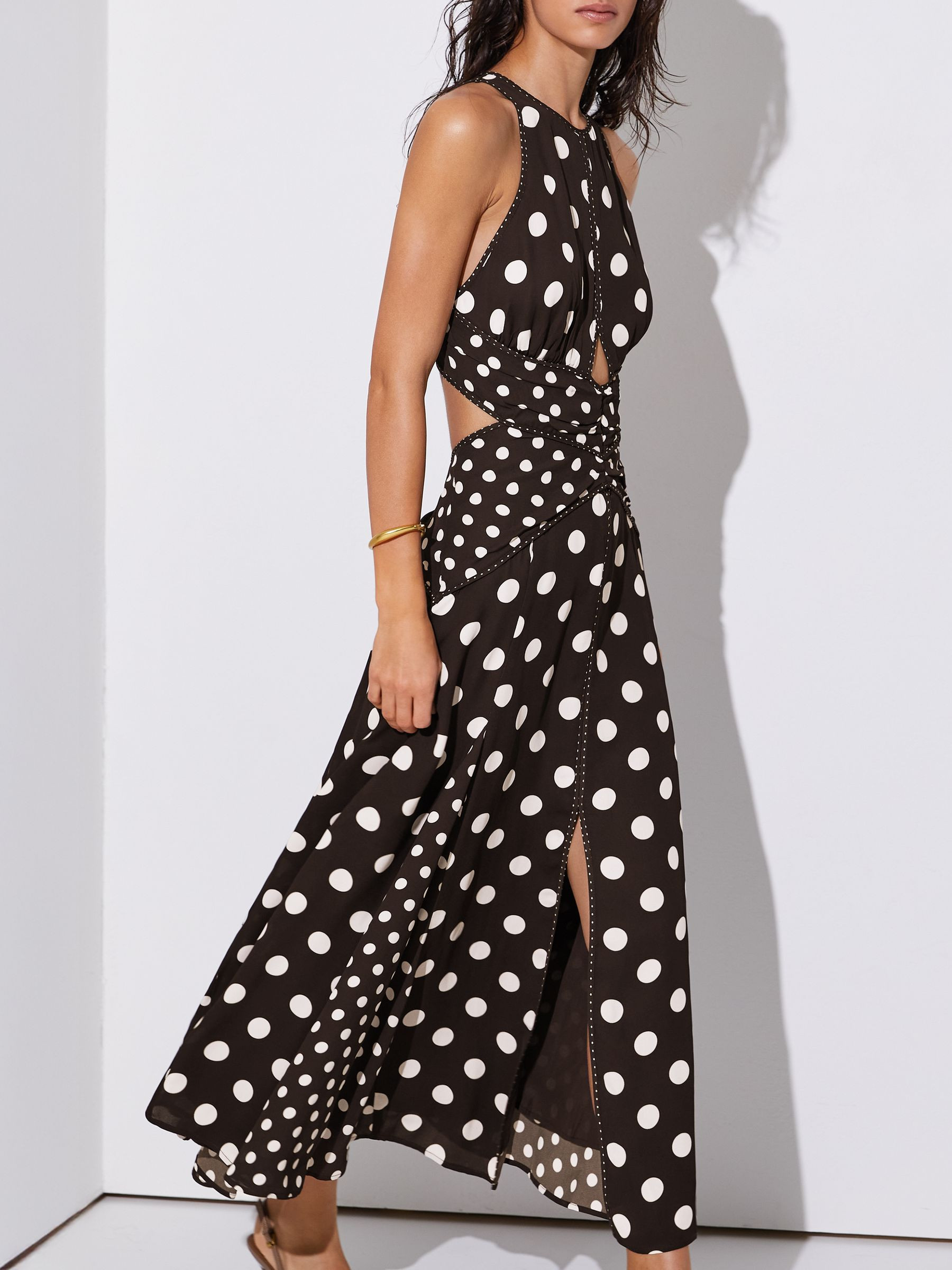Reiss Polka-Dot Cut-Out Midi Dress in Chocolate Brown/Ivory - REISS | Reiss UK