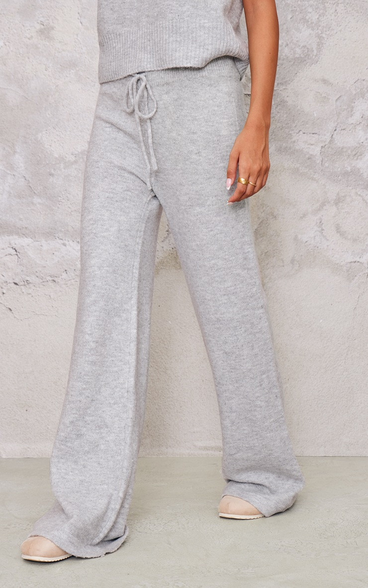 Ash Grey Marl Soft Knit Wide Leg Trousers | PrettyLittleThing UK