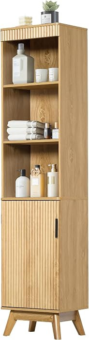 68" Tall Bathroom Storage Cabinet,Narrow Fluted Tower Cabinet with Door and Shelves,Slim Space Sa... | Amazon (US)