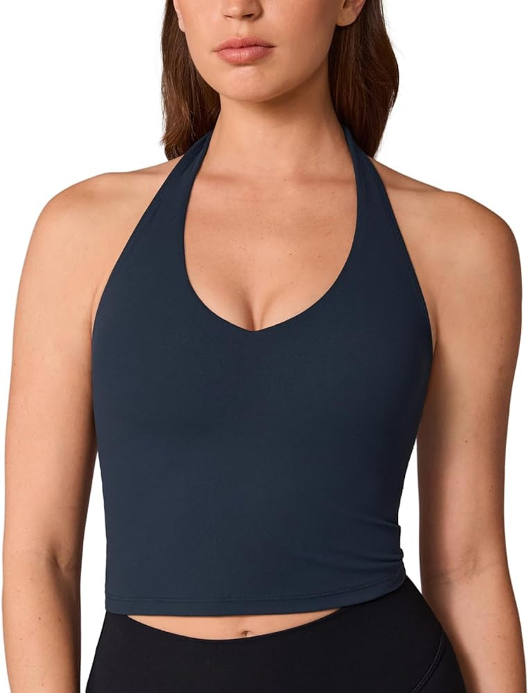 UNISSU Hugcurve Halter Longline Sports Bras for Women V Neck Open Back Crop Tank Tops with Built ... | Amazon (US)