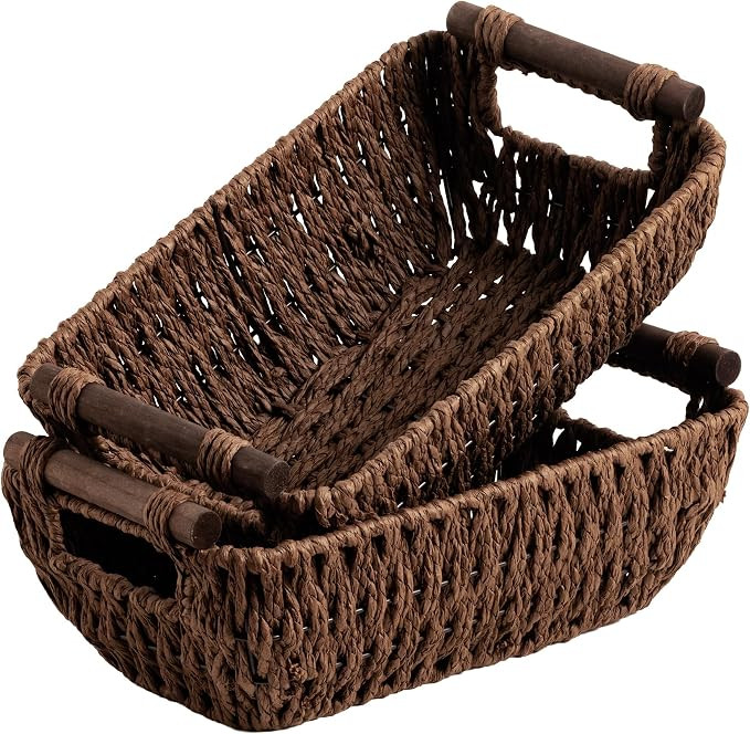 StorageWorks Handwoven Small Wicker Baskets, Round Paper Rope Storage Baskets with Wooden Handles... | Amazon (US)