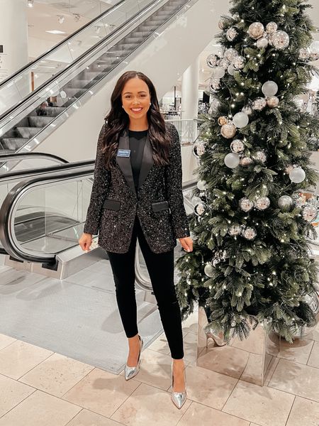 Sequin Blazer, Velvet Leggings & Metallic Pumps for a holiday work party! Linking exact blazer and leggings but pumps are old so linked a similar style. Wearing an XS in blazer and fits a little oversized (which I love when pairing with leggings) and wearing XS in leggings. 

#LTKHoliday #LTKSeasonal
