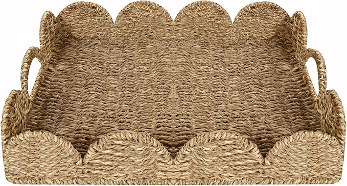 Scalloped Edge Rectangle Serving Tray, Handwoven Rattan Tray with Built-in Handles, Decorative Sc... | Amazon (US)
