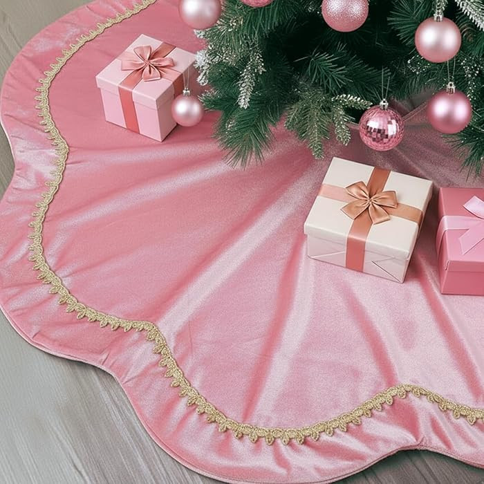 Christmas Tree Skirt 48 Inch Pink Velvet Fur Scallop Tree Skirt Sparking Gold Lace Trim for Party... | Amazon (US)
