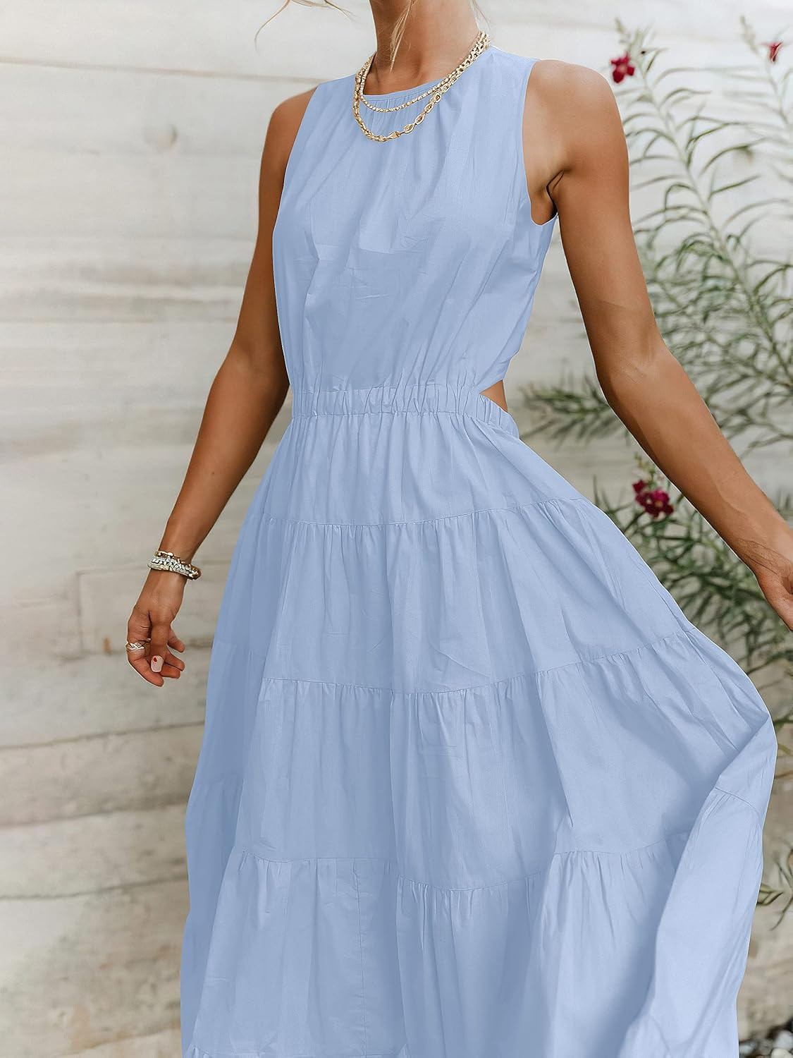 LOGENE Womens Summer Casual Sleeveless Solid Cut Out Long Dress Ruffle Tiered A-Line Flowy Swing ... | Amazon (US)