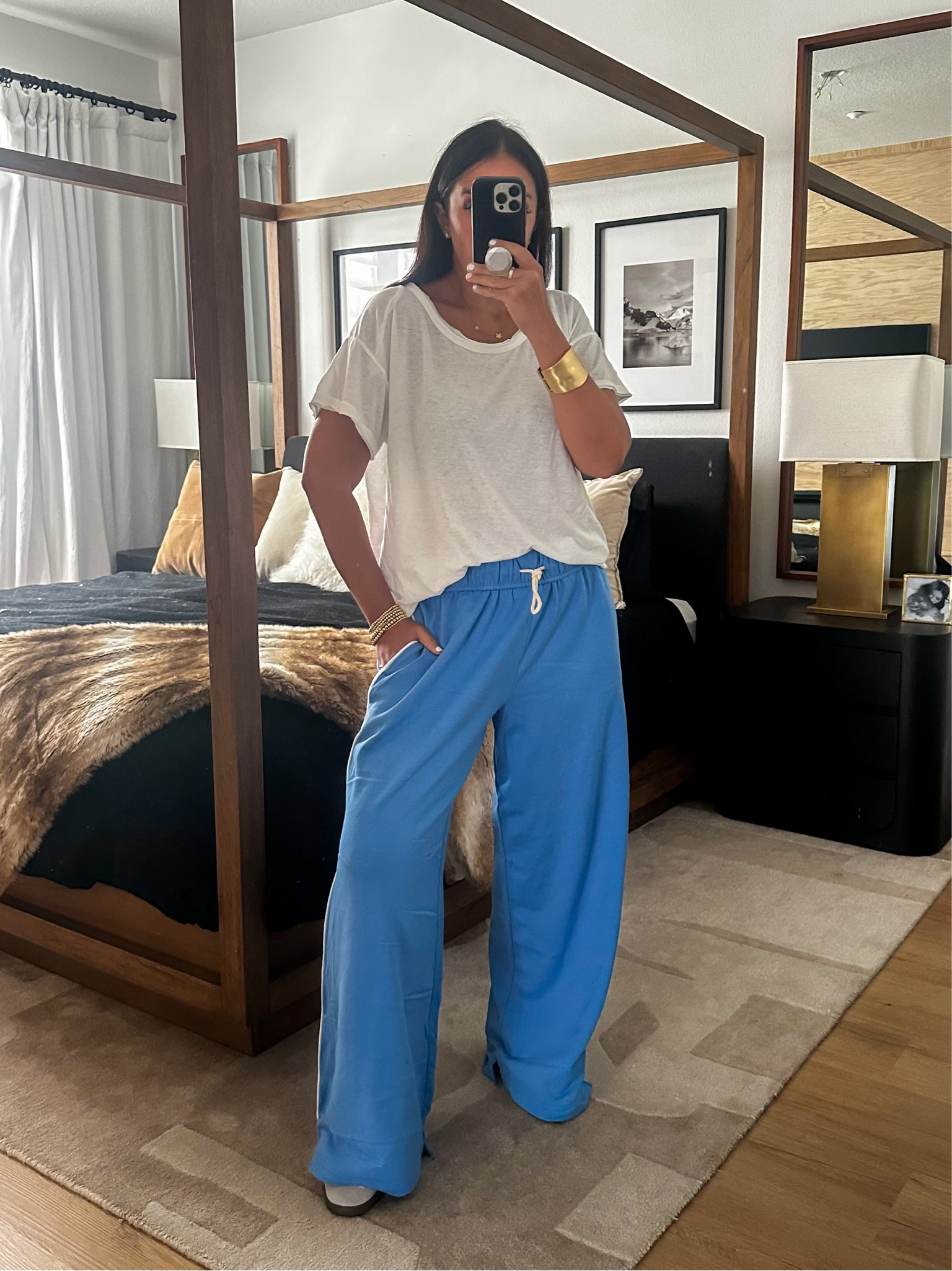 Out From Under Hoxton Sweatpant wearing size medium. Out From Under Verona Burnout Tee wearing size medium. Adidas OG Sambas
